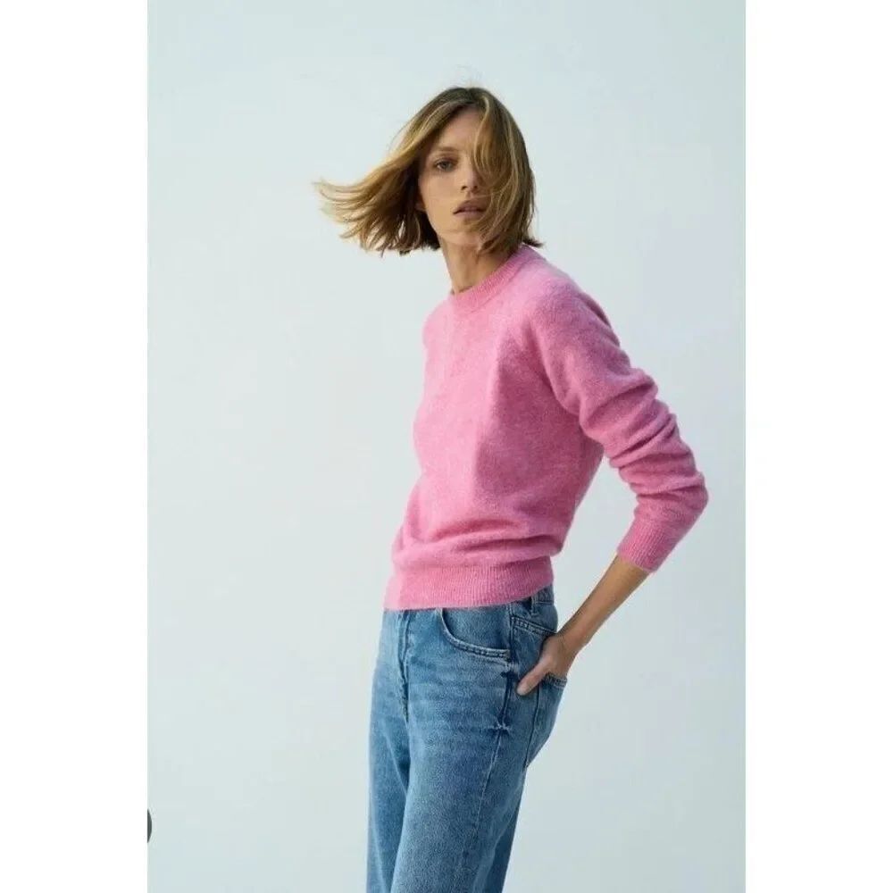 Zara Womens Wool Sweater XL Pullover Pink Crew Neck Knit 9598/129 NWOT